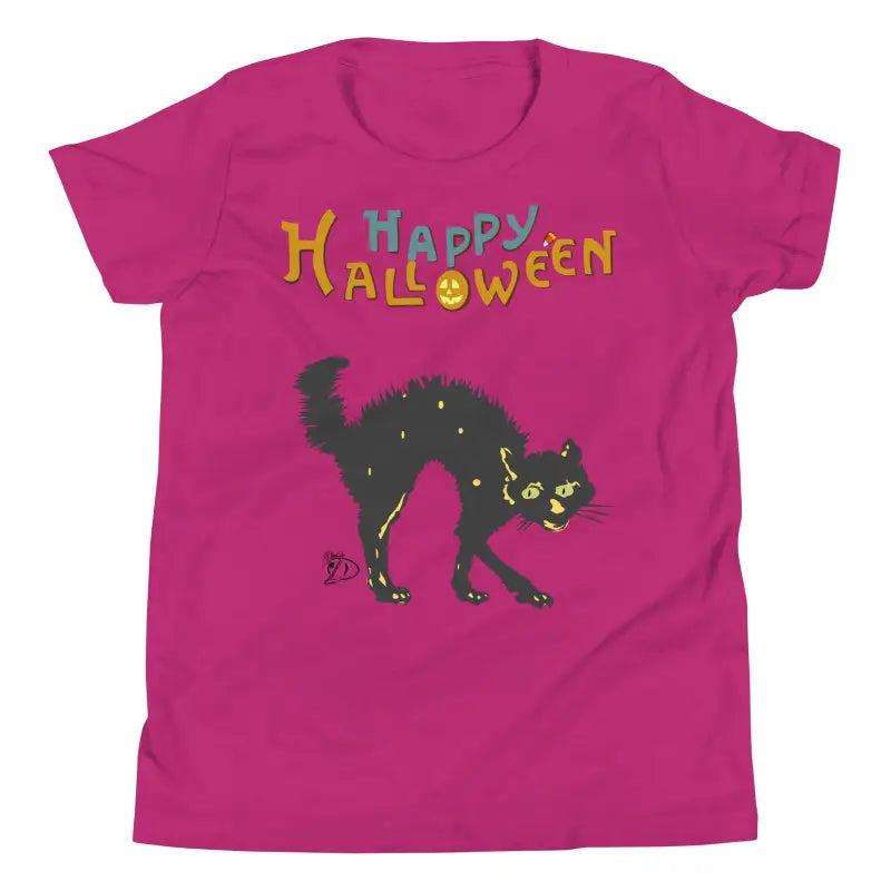 Youth short sleeve t-shirt in pink with black Halloween cat and colorful Happy Halloween text