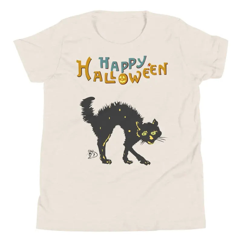 Cream-colored youth short sleeve t-shirt with black cat design and Happy Halloween text