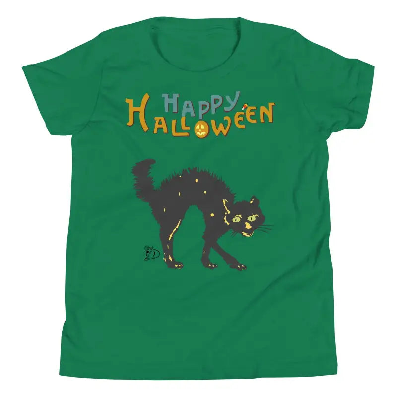 Green short sleeve t-shirt featuring a black Halloween cat and colorful Happy Halloween text