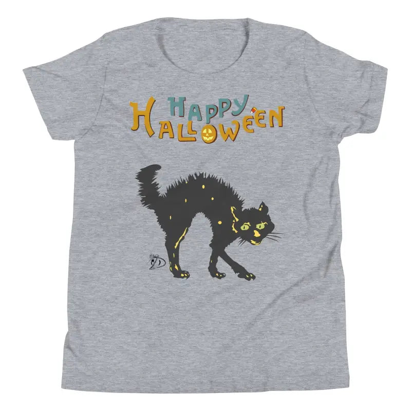 Grey youth short sleeve t-shirt with spooky black cat design and Happy Halloween text