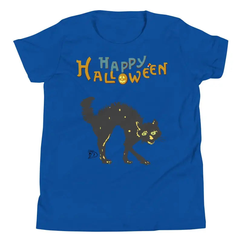 Royal blue youth short sleeve t-shirt with black Halloween cat and colorful Happy Halloween design