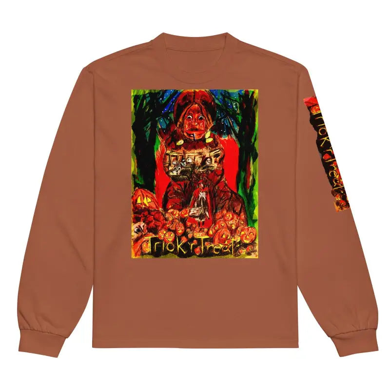 Brown soft cotton heavyweight long-sleeve t-shirt with colorful horror artwork