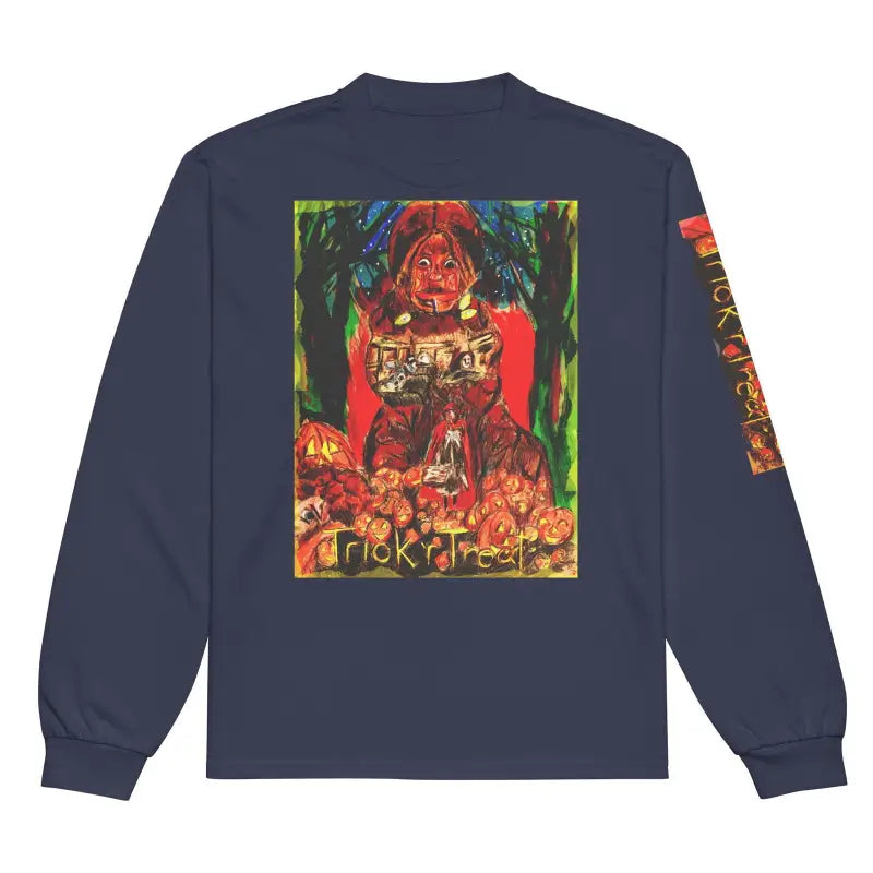 Navy blue long-sleeve soft cotton heavyweight t-shirt featuring colorful horror artwork