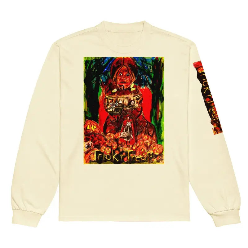 Cream-colored soft cotton heavyweight shirt featuring colorful Halloween artwork on back