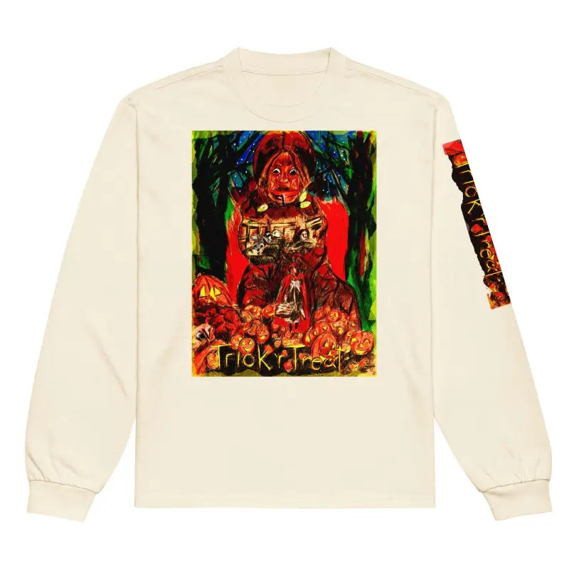 White long-sleeve soft cotton heavyweight shirt with colorful Halloween artwork on back