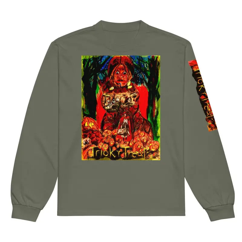 Olive green soft cotton heavyweight t-shirt with vibrant horror artwork on back