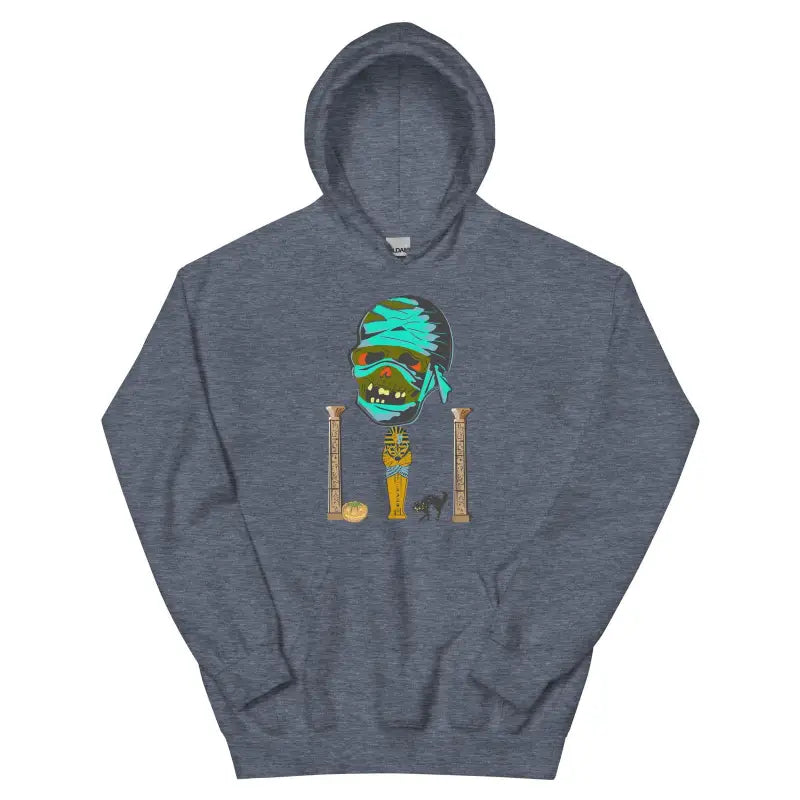 Grey hooded sweatshirt featuring turquoise and gold Egyptian design, perfect mummy unisex hoodie