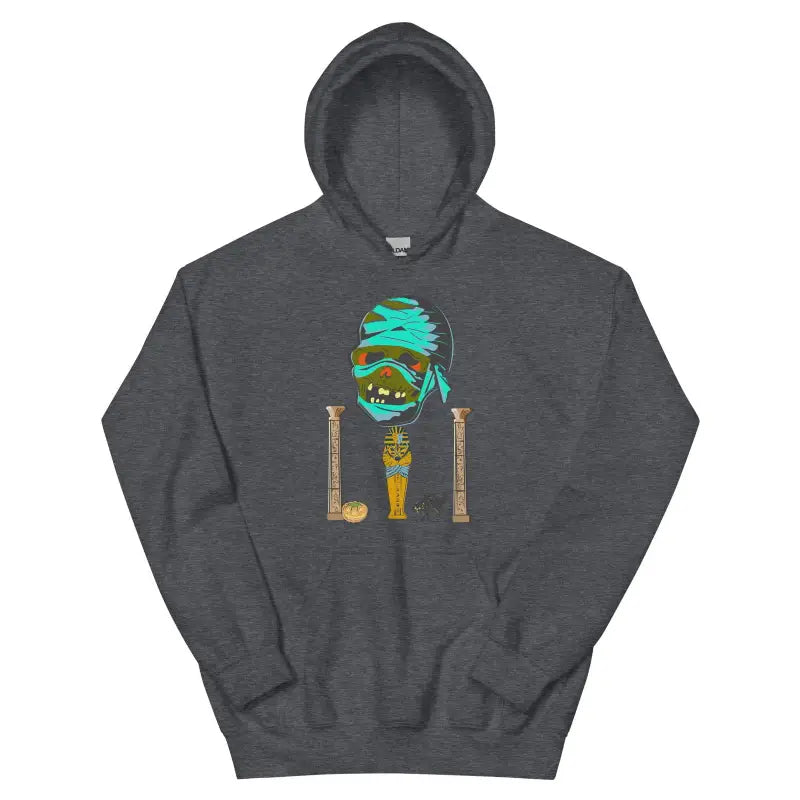 Dark gray unisex hoodie featuring turquoise and gold Egyptian mummy graphic design