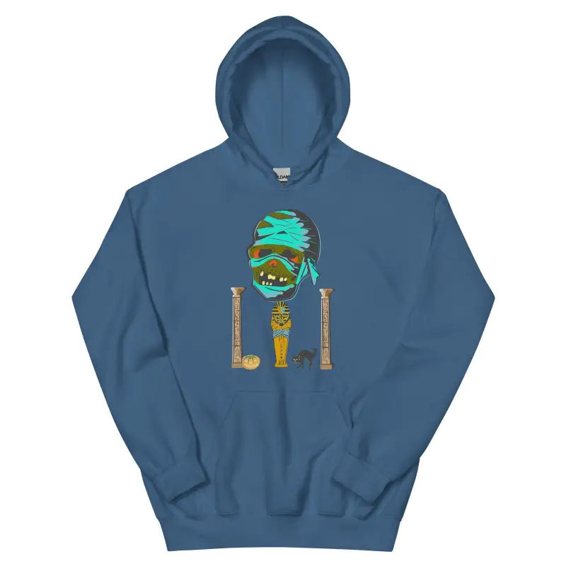 Blue unisex hoodie featuring a decorative green spiral and gold design on the front