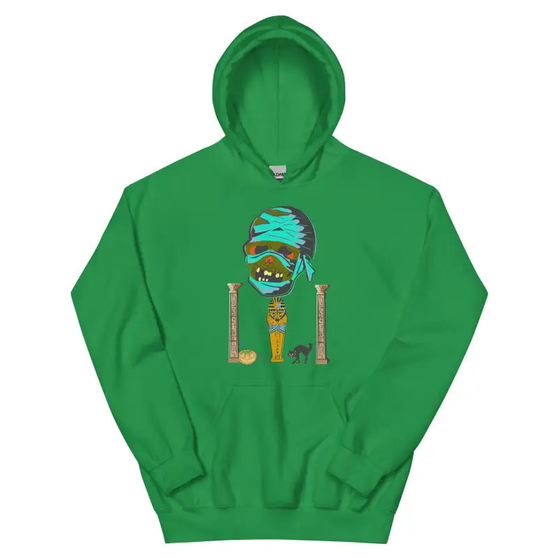 Green hooded sweatshirt with Egyptian design and turquoise scarab, Mummy Unisex Hoodie