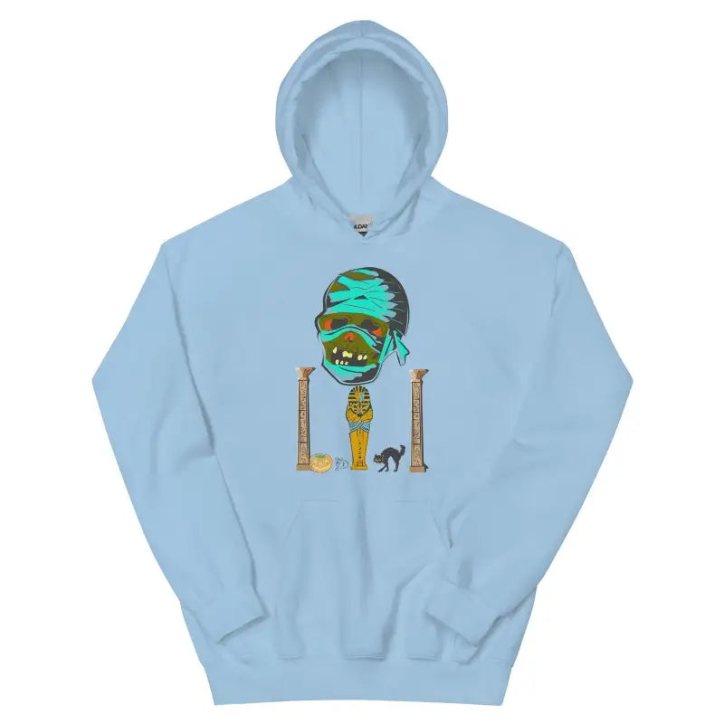 Light blue unisex hoodie featuring an Egyptian mummy graphic design on the front