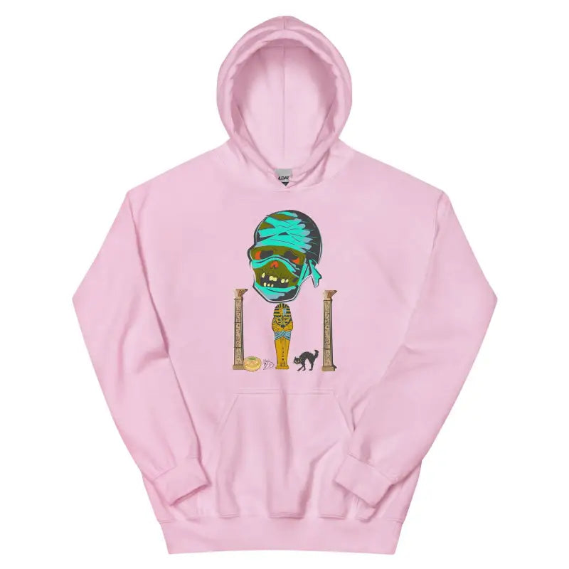 Pink hooded sweatshirt with Egyptian graphic on Dark Gray Mummy Unisex Hoodie