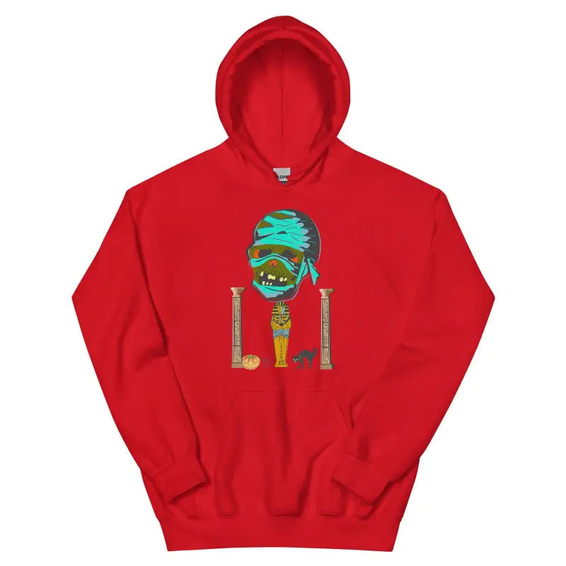 Red hoodie sweatshirt featuring a turquoise mummy ice cream cone design for unisex hoodie