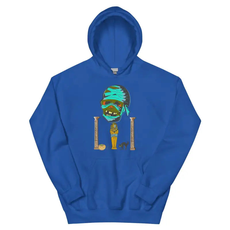 Royal blue unisex hoodie featuring colorful skull and pillars design on front