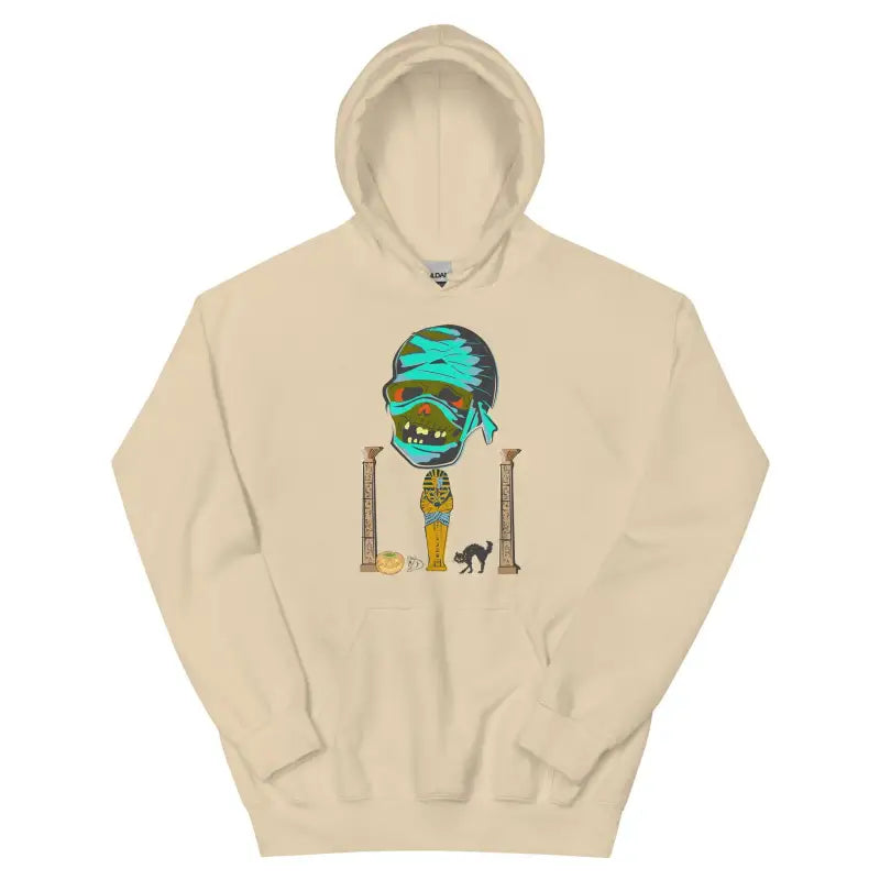 Beige unisex hoodie featuring artistic Egyptian-themed graphic design on front