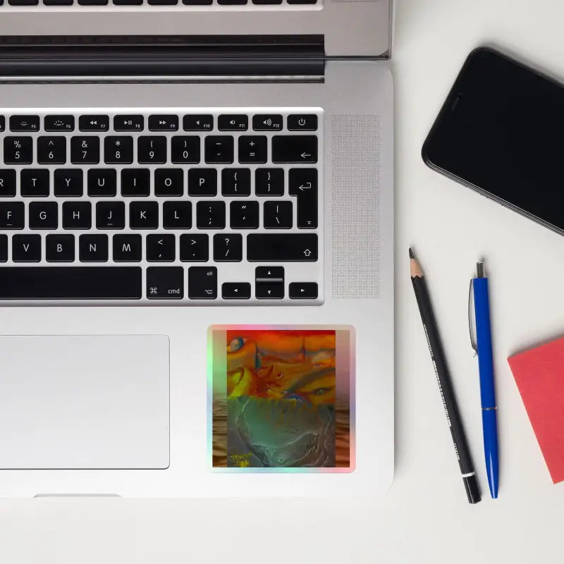 MacBook laptop showcasing mesmerizing Above the Shadows holographic stickers on keyboard