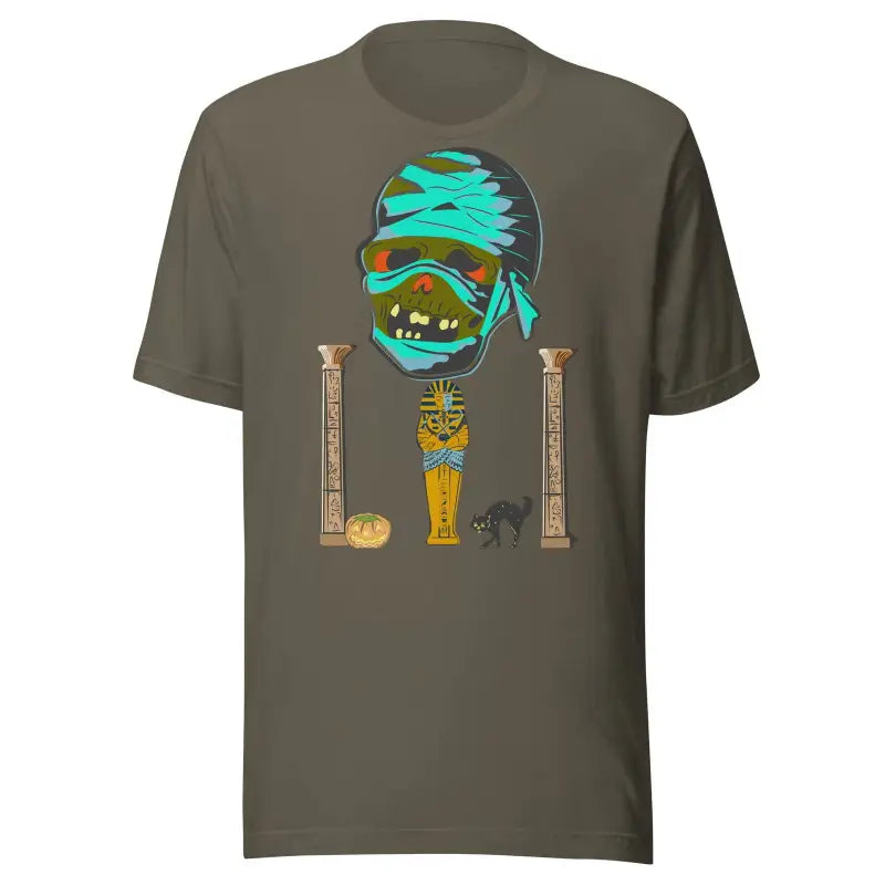 Olive-colored mummy unisex t-shirt featuring cartoon mummy head and Egyptian artifacts