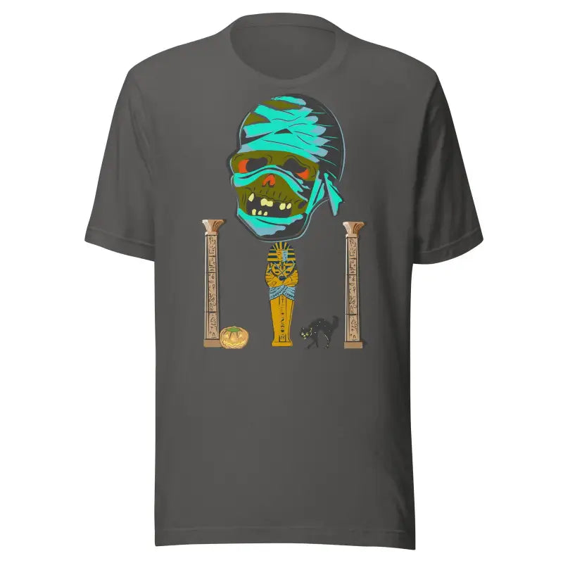 Dark gray mummy unisex t-shirt with cartoon mummy head and Egyptian artifacts design