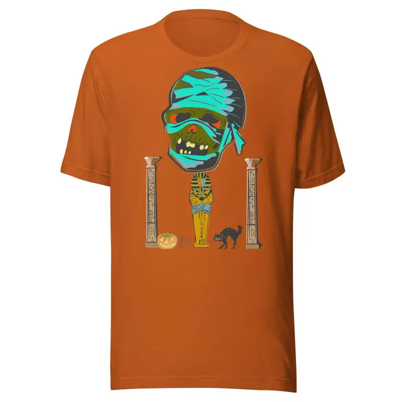 Orange mummy unisex t-shirt featuring a cartoon design with turquoise bandages