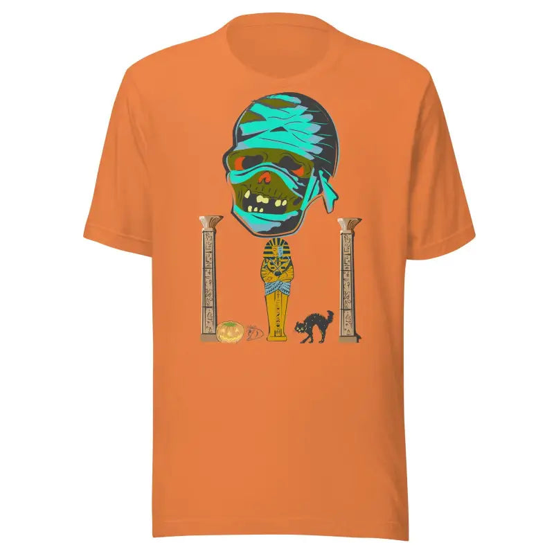 Orange mummy unisex t-shirt featuring a cartoon skeleton and Halloween decorations