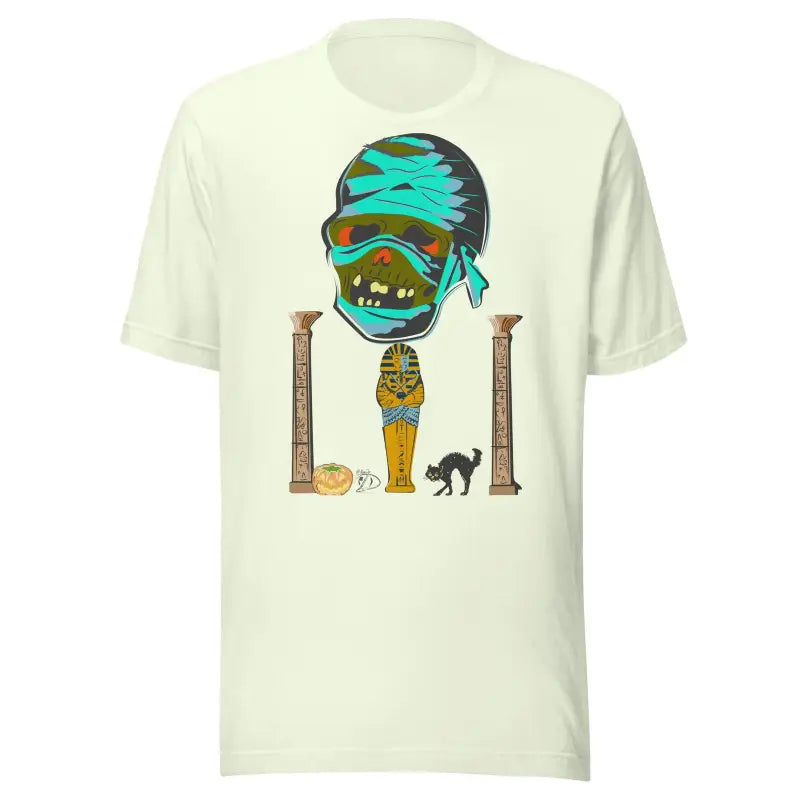 White Mummy Unisex T-Shirt featuring cartoon mummy with turquoise bandages and sunglasses