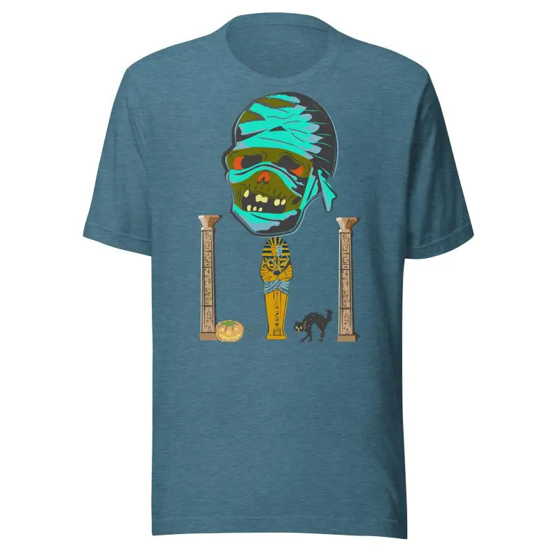 Slate blue mummy unisex t-shirt featuring a cartoon mummy head and Egyptian decor elements