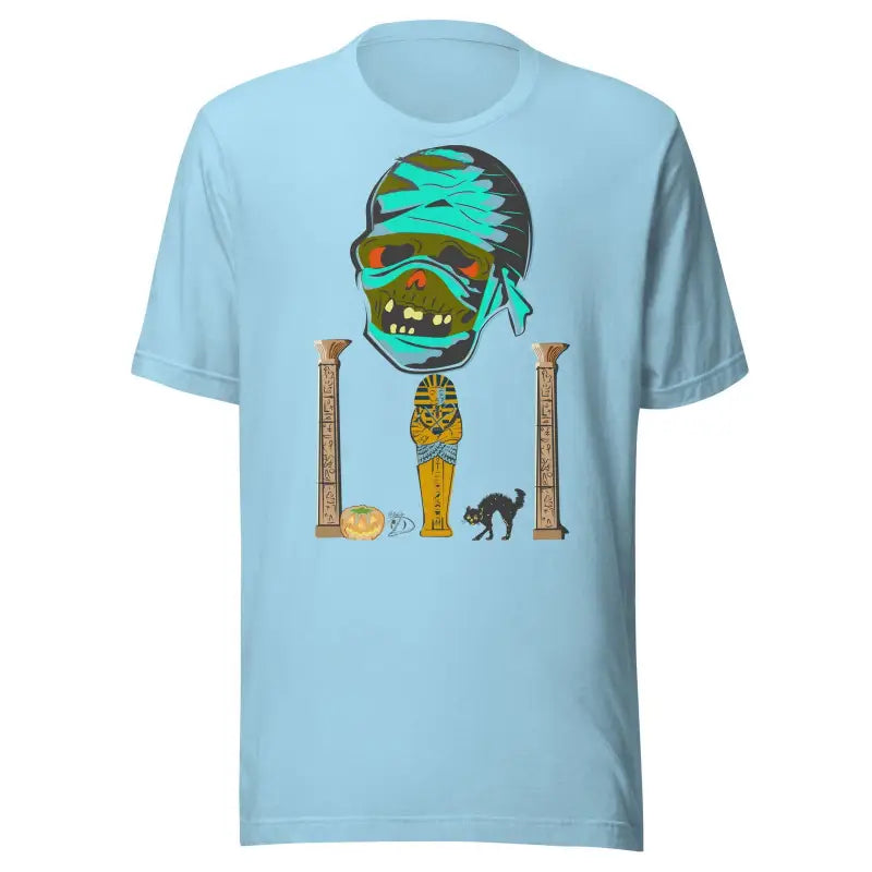 Light blue mummy unisex t-shirt with cartoon mummy, Egyptian columns, and cats design