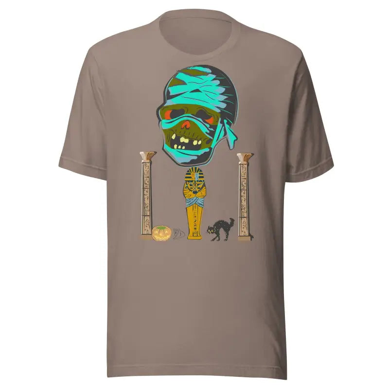 Brown Mummy Unisex T-Shirt featuring cartoon mummy with turquoise goggles and hieroglyphics