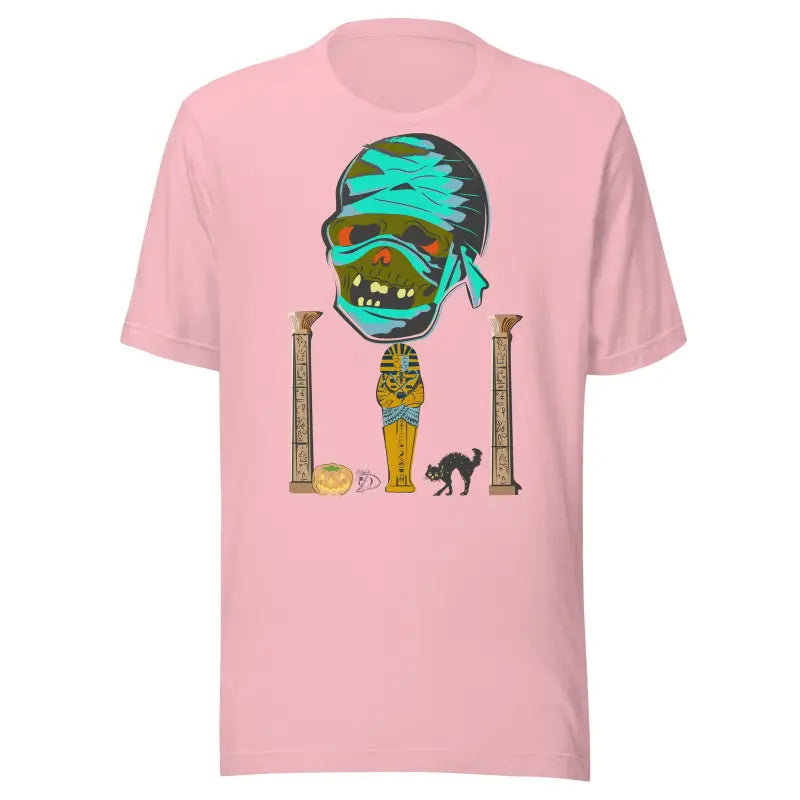 Pink Mummy Unisex T-Shirt featuring a cartoon mummy and ancient Egyptian columns design