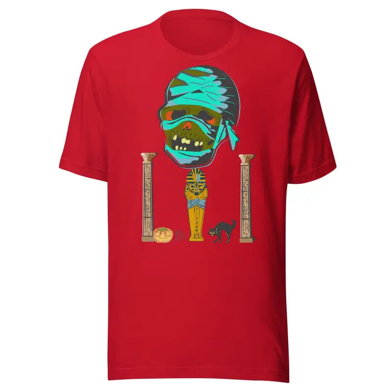 Red mummy unisex t-shirt featuring an Egyptian design with a mummy head and columns