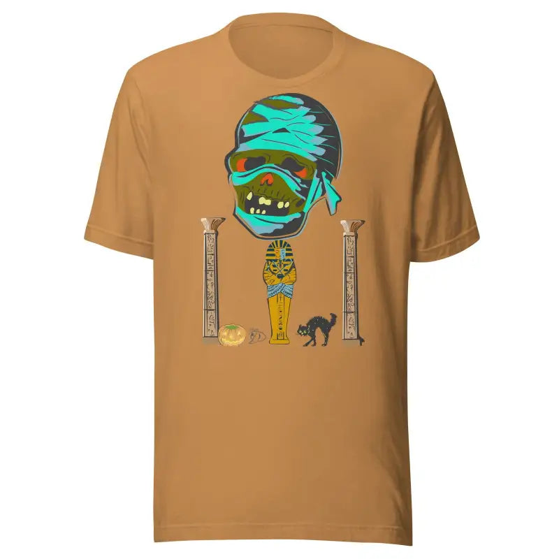 Brown mummy unisex t-shirt featuring a cartoon zombie with turquoise hair and skeleton body