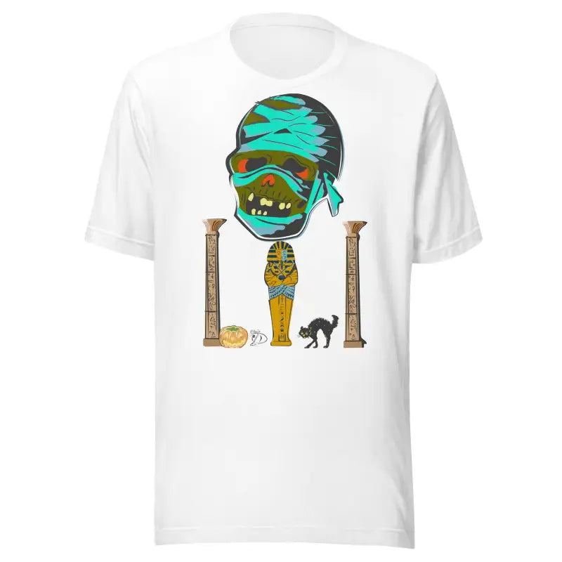 White mummy unisex t-shirt featuring a cartoon character with turquoise bandages