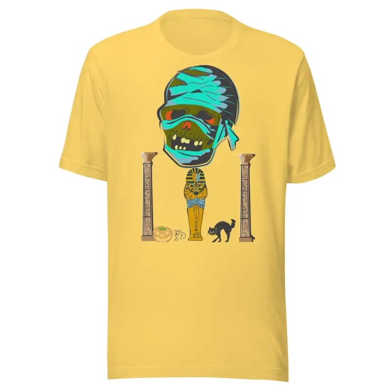 Yellow mummy unisex t-shirt features a cartoon mummy and ancient Egyptian columns