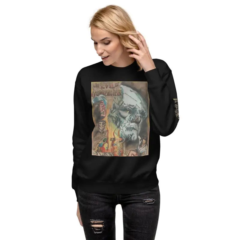 Black premium sweatshirt featuring Evil of Frankenstein skull artwork for stylish streetwear