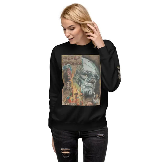 Black unisex premium sweatshirt featuring striking skull artwork on the front