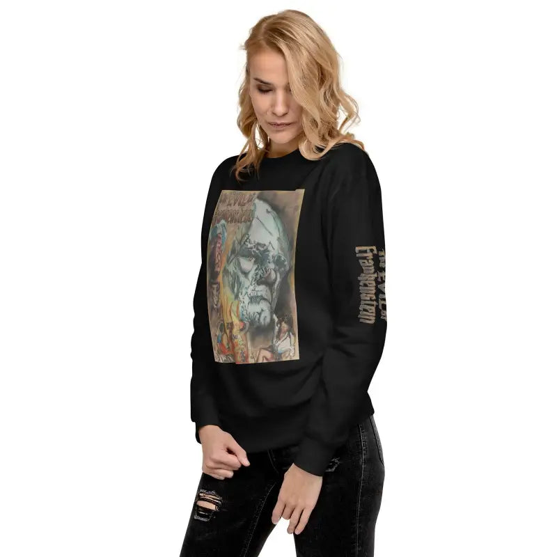 Black premium sweatshirt featuring an artistic Evil of Frankenstein portrait graphic