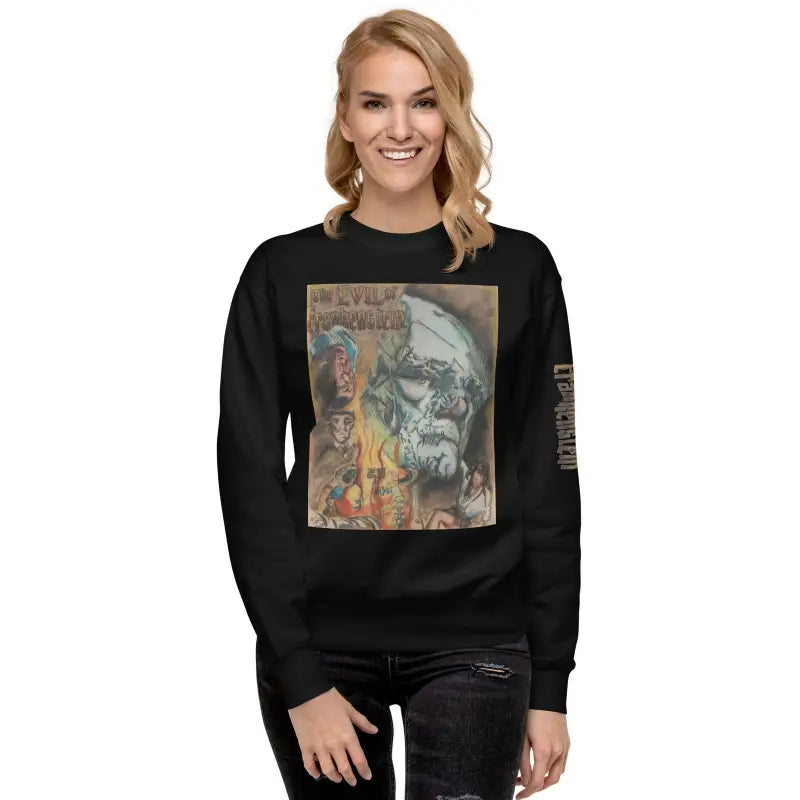 Black premium sweatshirt featuring vintage Evil of Frankenstein graphic design for streetwear