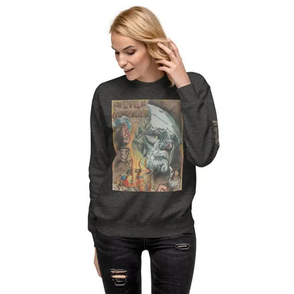 Dark premium sweatshirt featuring Evil of Frankenstein skull art with colorful streetwear style