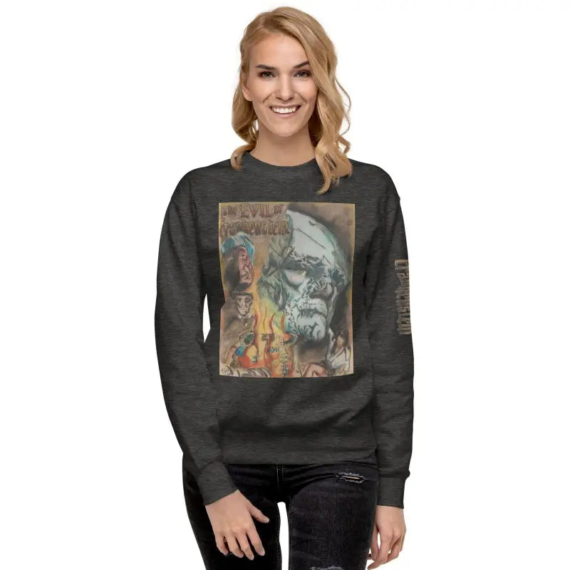 Dark gray premium sweatshirt featuring Evil of Frankenstein horror graphic for streetwear