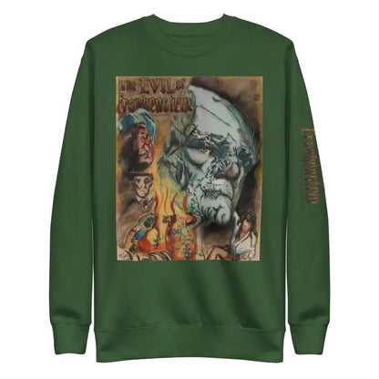 Forest green premium sweatshirt with Evil of Frankenstein gothic artwork in frame