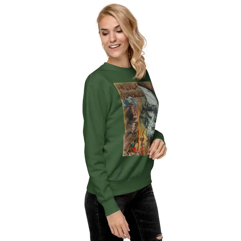 Forest green premium sweatshirt featuring Evil of Frankenstein graphic, perfect for streetwear