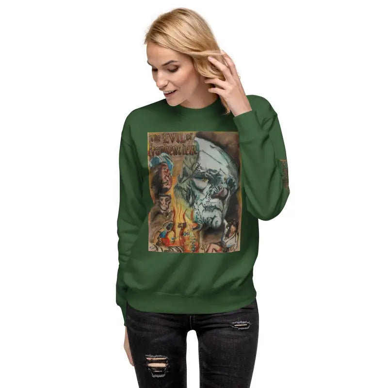 Forest green premium sweatshirt with gothic skull artwork, inspired by Evil of Frankenstein