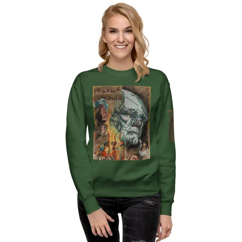 Green premium sweatshirt featuring Evil of Frankenstein monster artwork for streetwear style