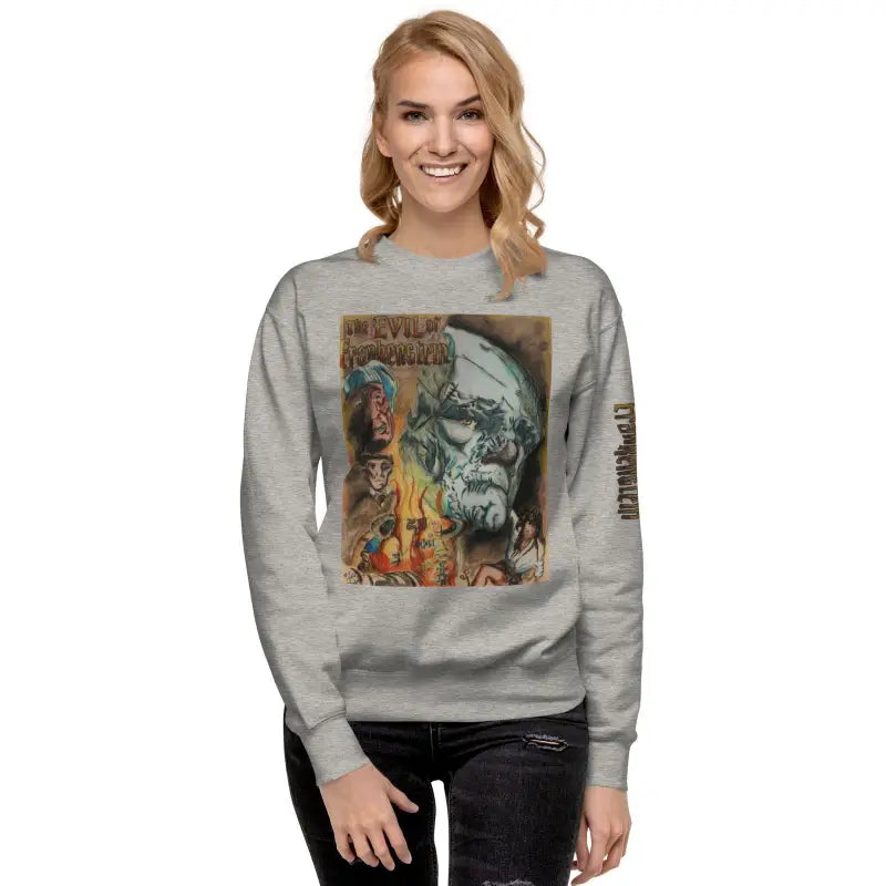 Grey premium sweatshirt featuring Evil of Frankenstein artwork with flames and skull design