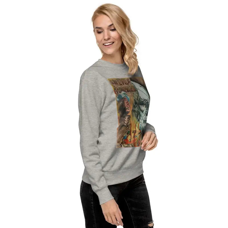 Premium grey sweatshirt featuring Evil of Frankenstein vintage graphic print for streetwear