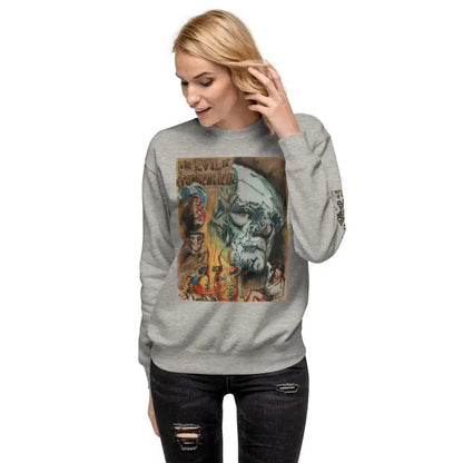 Premium grey sweatshirt featuring Evil of Frankenstein vintage horror artwork for streetwear