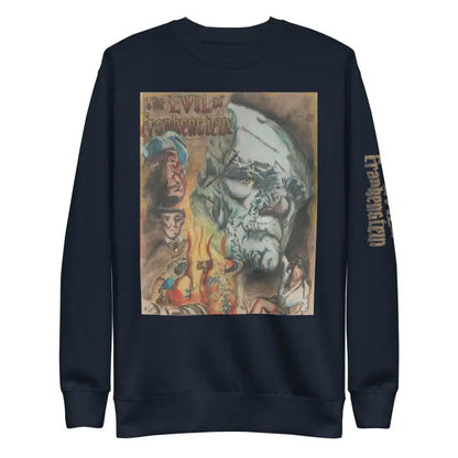 Black premium sweatshirt featuring Evil of Frankenstein gothic skull and flame artwork