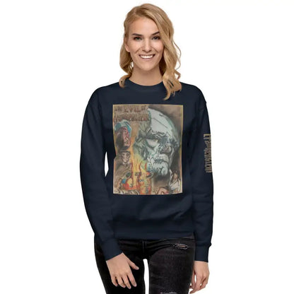 Navy blue premium sweatshirt featuring Evil of Frankenstein fantasy artwork for streetwear fans