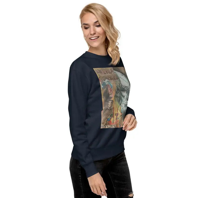 Navy blue premium sweatshirt featuring Evil of Frankenstein graphic for stylish streetwear