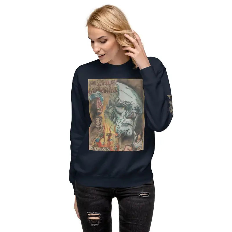 Navy blue premium sweatshirt with gothic skull graphic print from Evil of Frankenstein collection